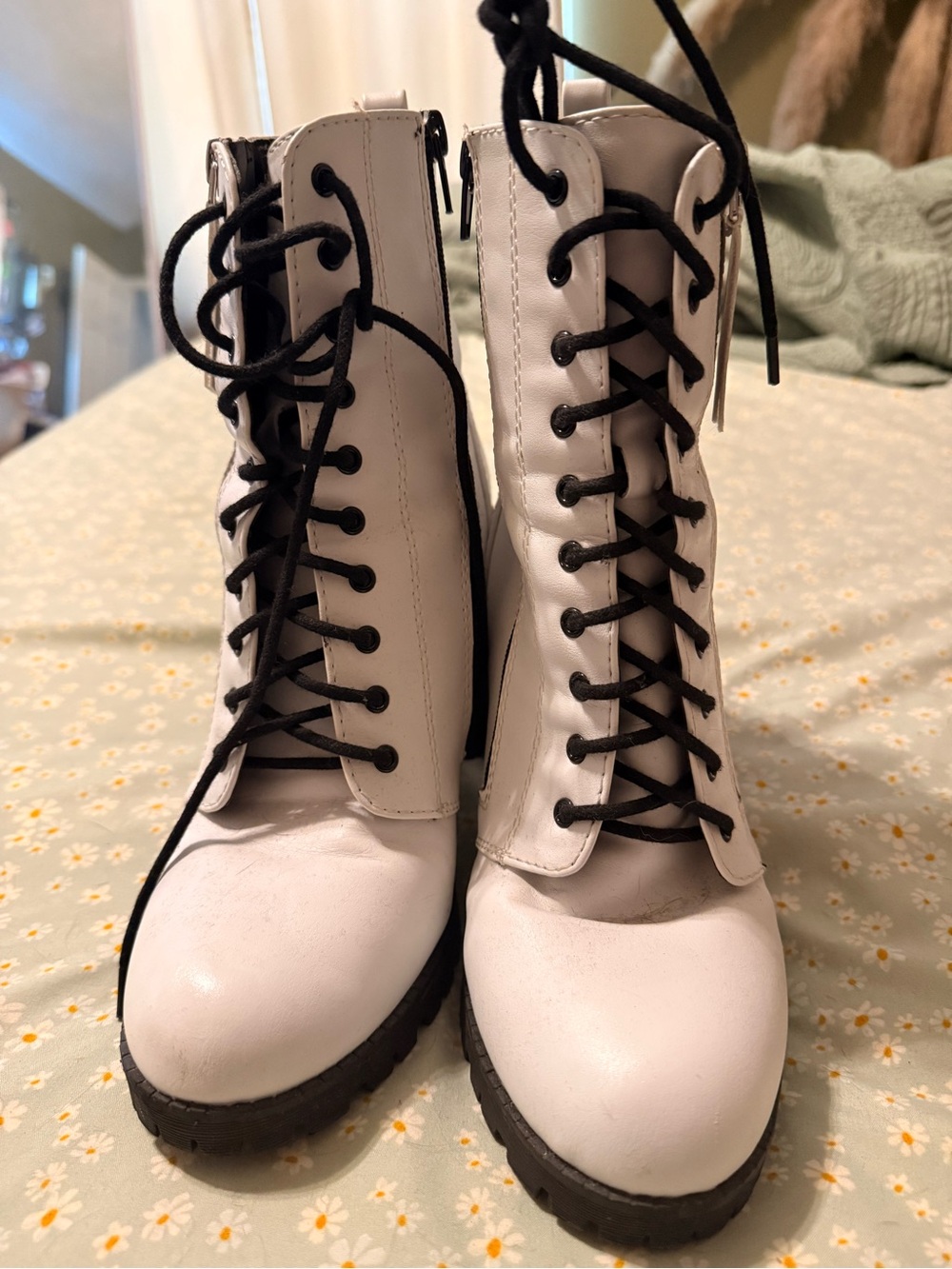 White Lace-Up Combat Boots with Black Laces